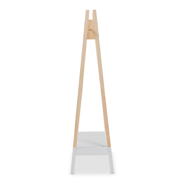 Modern and Contemporary Two-Tone White and Oak Brown Finished Wood Freestanding Coat Hanger