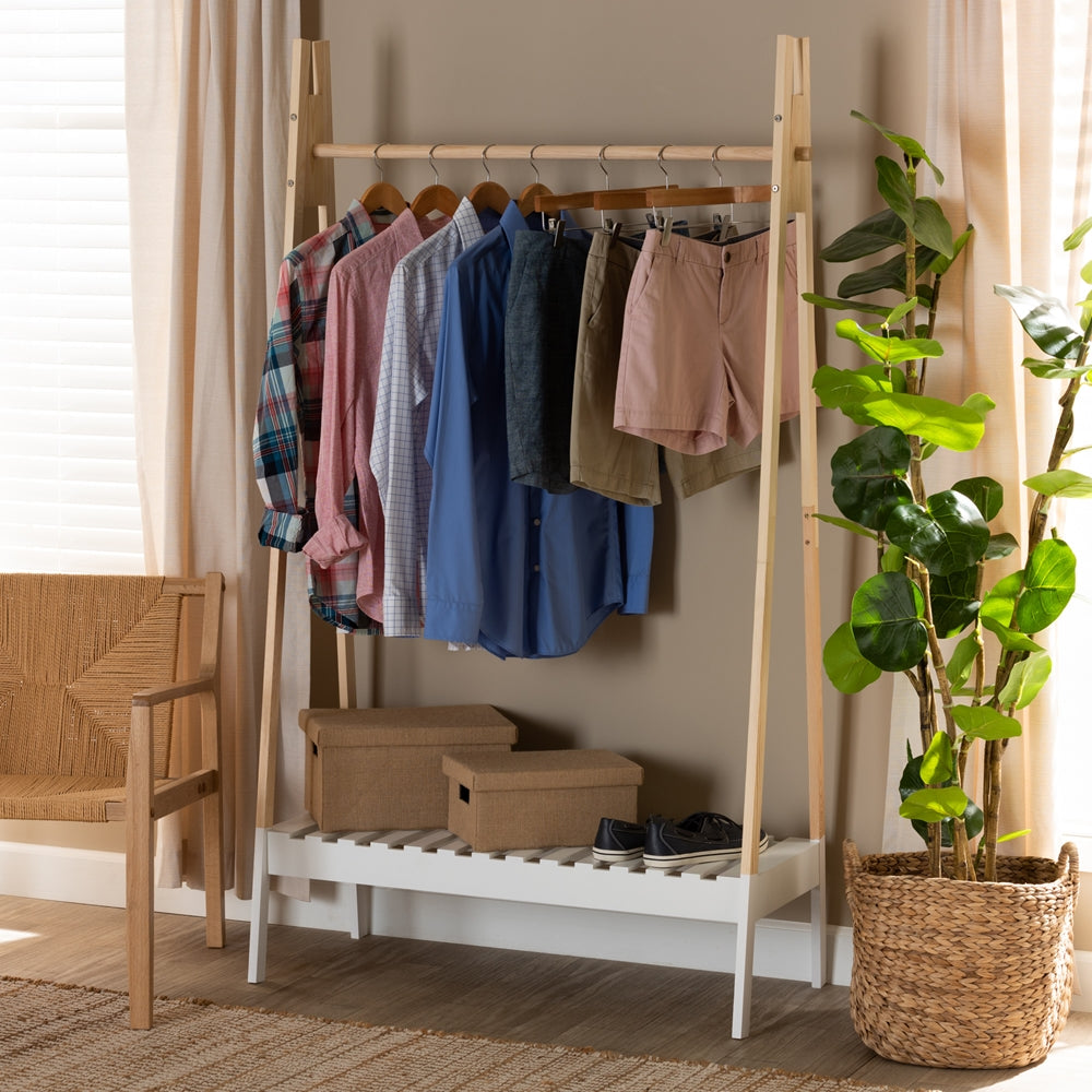 Modern and Contemporary Two-Tone White and Oak Brown Finished Wood Freestanding Coat Hanger