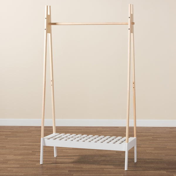 Modern and Contemporary Two-Tone White and Oak Brown Finished Wood Freestanding Coat Hanger