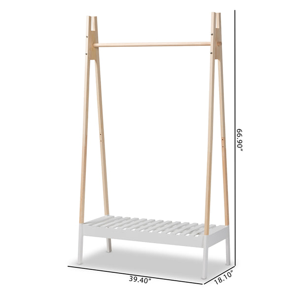 Modern and Contemporary Two-Tone White and Oak Brown Finished Wood Freestanding Coat Hanger