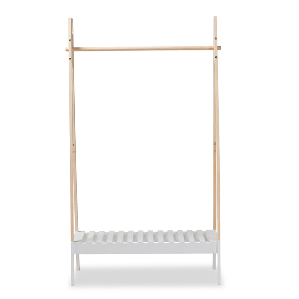 Modern and Contemporary Two-Tone White and Oak Brown Finished Wood Freestanding Coat Hanger