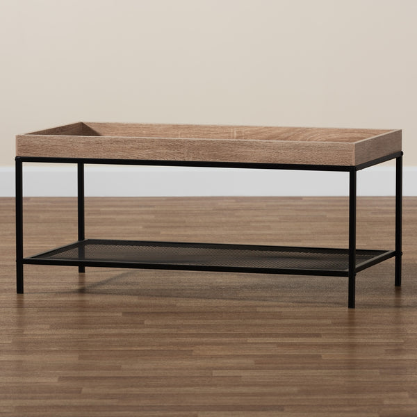 Modern Industrial Oak Brown Finished Wood and Black Metal Coffee Table