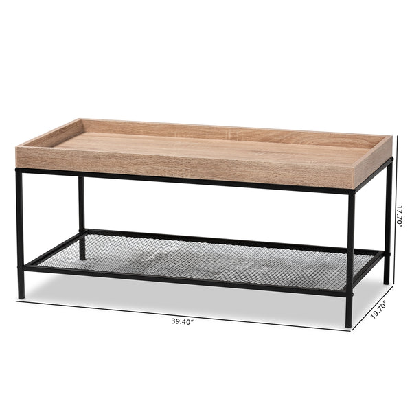 Modern Industrial Oak Brown Finished Wood and Black Metal Coffee Table