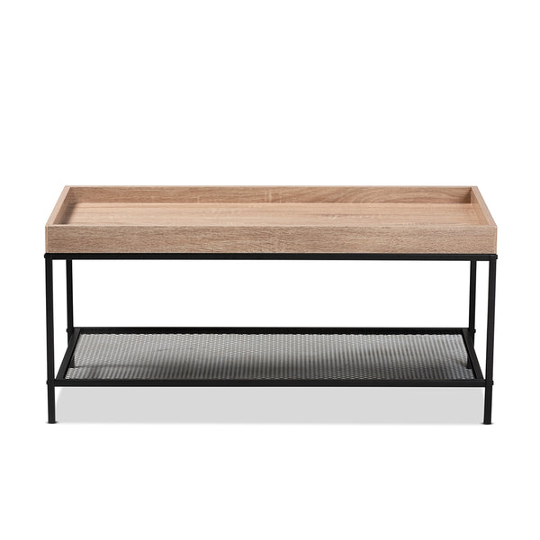 Modern Industrial Oak Brown Finished Wood and Black Metal Coffee Table