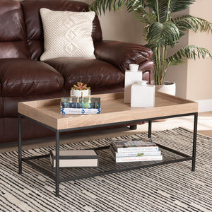 Modern Industrial Oak Brown Finished Wood and Black Metal Coffee Table