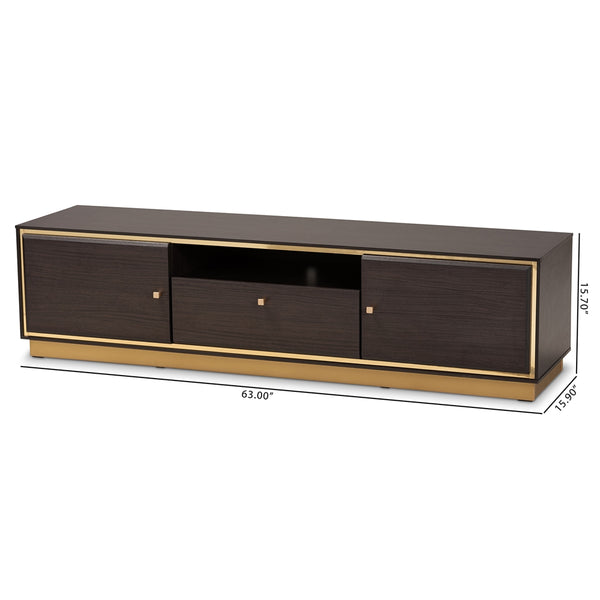 Mid-Century Modern Transitional Dark Brown Finished Wood and Gold Metal 2-Door TV Stand