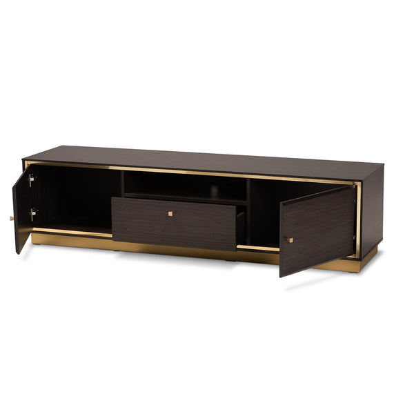 Mid-Century Modern Transitional Dark Brown Finished Wood and Gold Metal 2-Door TV Stand