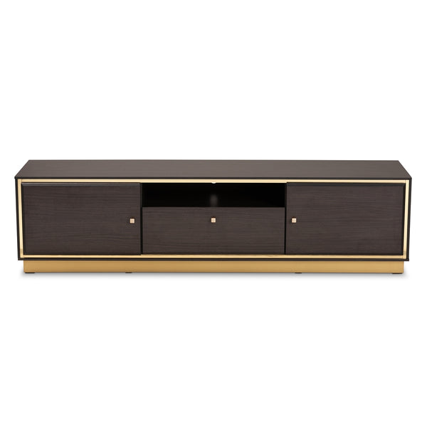 Mid-Century Modern Transitional Dark Brown Finished Wood and Gold Metal 2-Door TV Stand