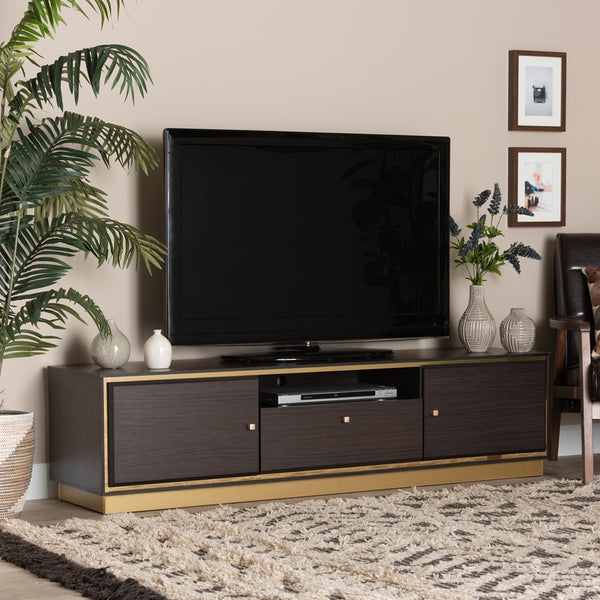 Mid-Century Modern Transitional Dark Brown Finished Wood and Gold Metal 2-Door TV Stand