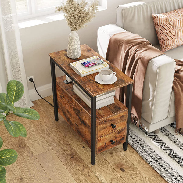 End Table with Charging Station, Narrow Side Table with 2 Drawer & USB Ports & Power Outlets, Nightstand for Small Spaces