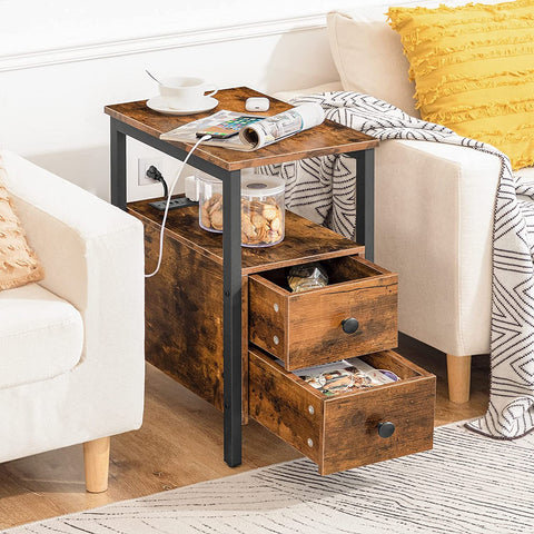 End Table with Charging Station, Narrow Side Table with 2 Drawer & USB Ports & Power Outlets, Nightstand for Small Spaces