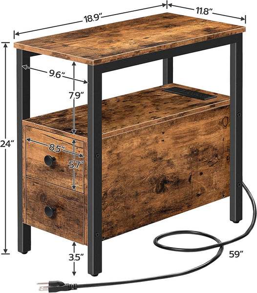 End Table with Charging Station, Narrow Side Table with 2 Drawer & USB Ports & Power Outlets, Nightstand for Small Spaces