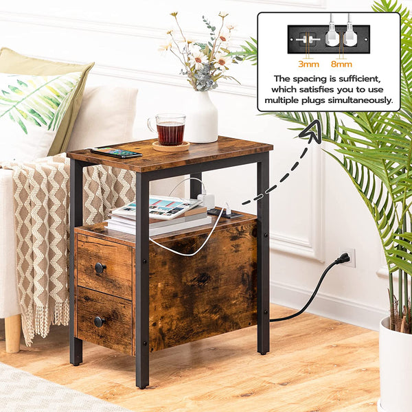 End Table with Charging Station, Narrow Side Table with 2 Drawer & USB Ports & Power Outlets, Nightstand for Small Spaces