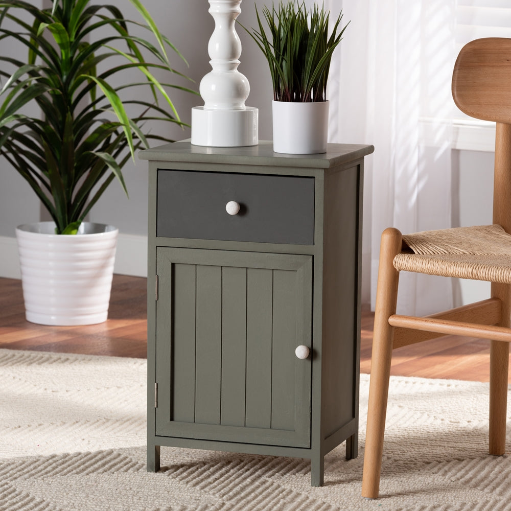 Mid-Century Modern Two-Tone Grey and Charcoal Finished Wood 1-Drawer Storage Cabinet