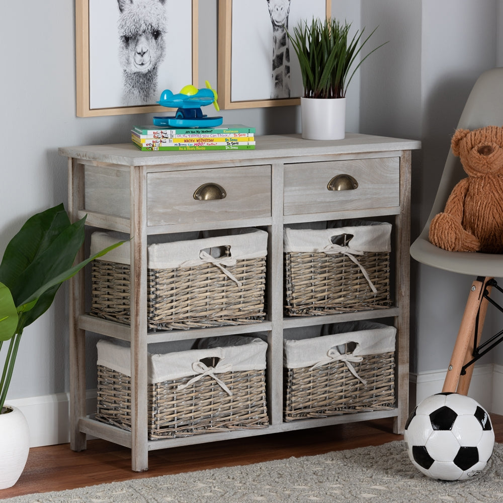 Modern and Contemporary Grey Finished Wood 2-Drawer Storage Unit With Baskets