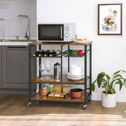 Rustic Brown Kitchen Rack Bar Cart with Wheels, Industrial Style