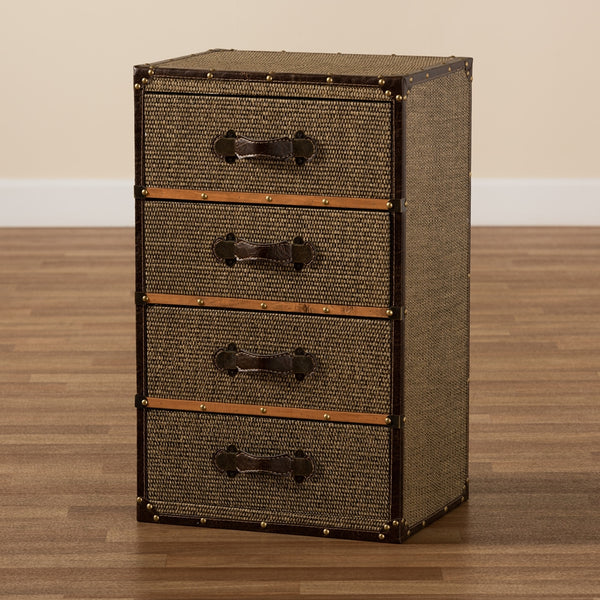 Mid-Century 4-Drawer Accent Storage Cabinet Modern Brown Fabric Upholstered