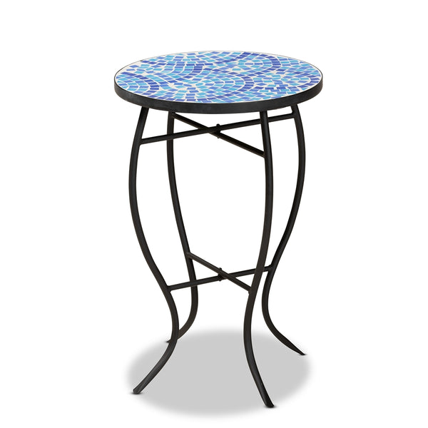 Mosaic Plant Stand Black Metal and Blue Glass