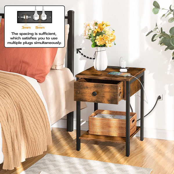 Nightstand, End Table with Charging Station and USB Ports, Side Table with Drawer and Storage Shelf, Bedside Table for Small Spaces and Bedroom, Rustic Brown