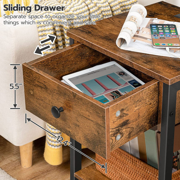 Nightstand, End Table with Charging Station and USB Ports, Side Table with Drawer and Storage Shelf, Bedside Table for Small Spaces and Bedroom, Rustic Brown