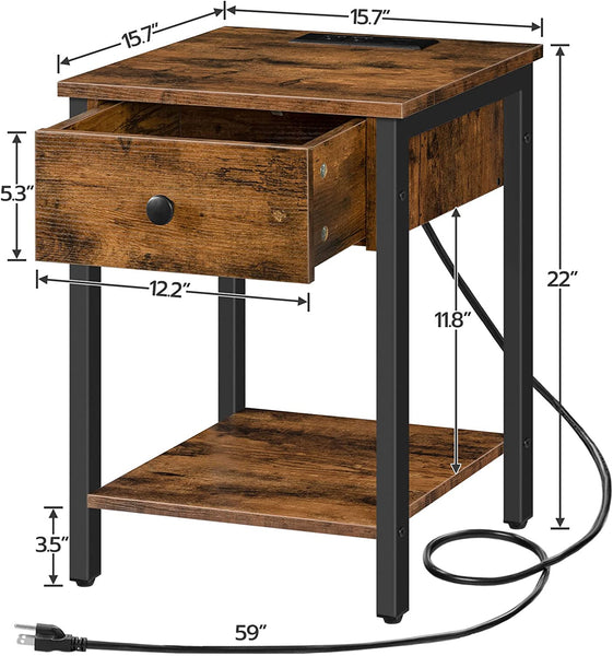 Nightstand, End Table with Charging Station and USB Ports, Side Table with Drawer and Storage Shelf, Bedside Table for Small Spaces and Bedroom, Rustic Brown