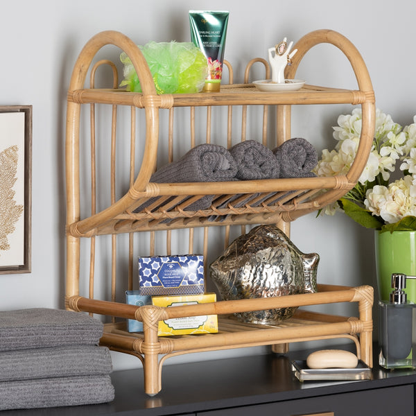 Rattan 2-Tier Display Shelf Modern Bohemian Natural Brown Finished