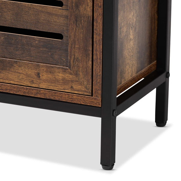 Rustic Brown 2-Door 2 Tier Shoe Storage Cabinet Finished Wood and Black Metal