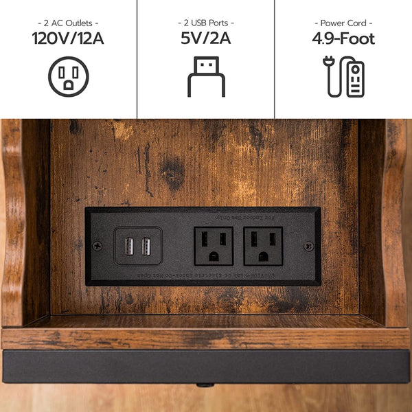 Side Table, Flip End Table with Charging Station and Shelves, USB Ports & Power Outlets, Narrow Nightstand for Small Spaces