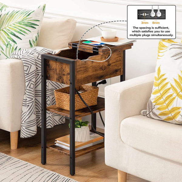 Side Table, Flip End Table with Charging Station and Shelves, USB Ports & Power Outlets, Narrow Nightstand for Small Spaces