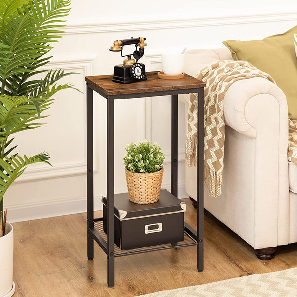 Tall Side Table, Industrial End Telephone Table with Adjustable Mesh Shelves, Small Entryway Table, Laptop Table for Office, Hallway, Living Room, Rustic Brown and Black