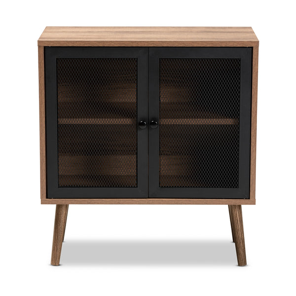 Mid-Century Modern Transitional 2-Door Storage Cabinet Natural Brown Finished Wood and Black Metal