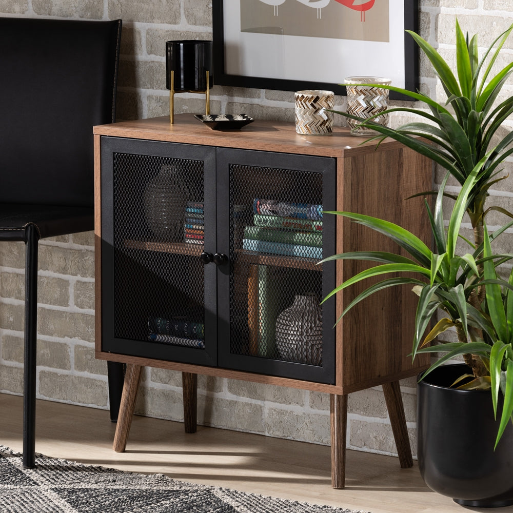 Mid-Century Modern Transitional 2-Door Storage Cabinet Natural Brown Finished Wood and Black Metal