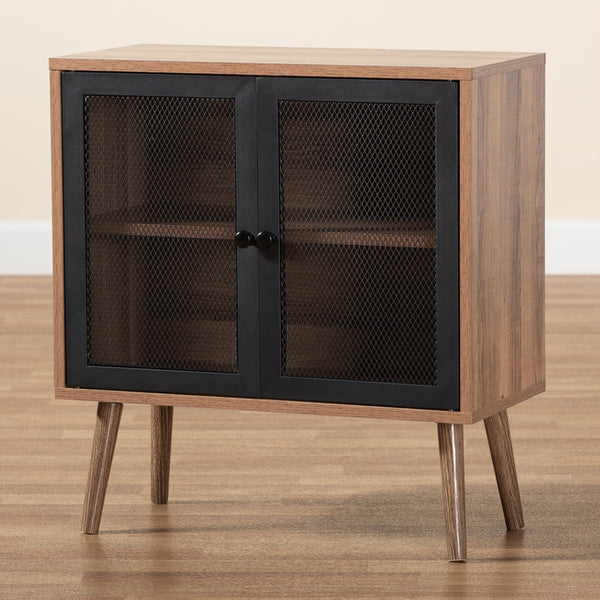 Mid-Century Modern Transitional 2-Door Storage Cabinet Natural Brown Finished Wood and Black Metal