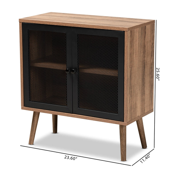 Mid-Century Modern Transitional 2-Door Storage Cabinet Natural Brown Finished Wood and Black Metal