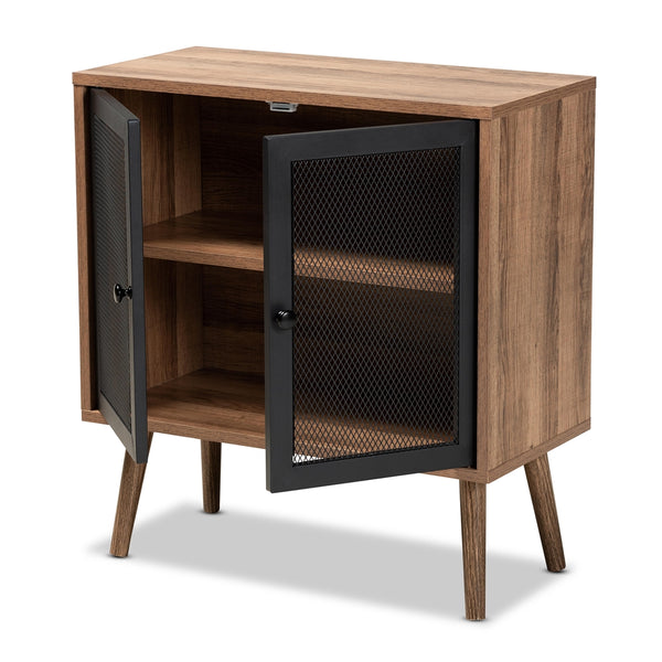 Mid-Century Modern Transitional 2-Door Storage Cabinet Natural Brown Finished Wood and Black Metal