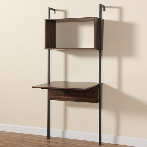 Modern Industrial Walnut Brown Finished Wood and Black Metal Display Shelf with Desk