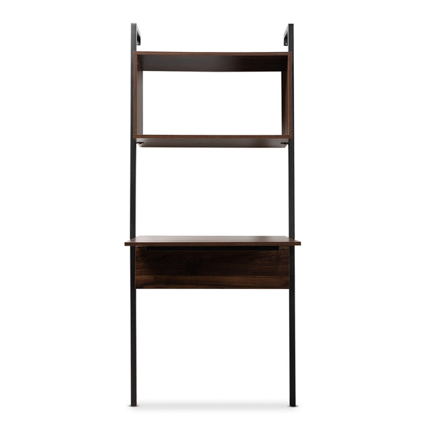 Modern Industrial Walnut Brown Finished Wood and Black Metal Display Shelf with Desk