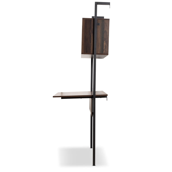 Modern Industrial Walnut Brown Finished Wood and Black Metal Display Shelf with Desk