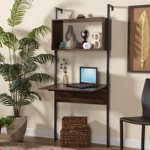 Modern Industrial Walnut Brown Finished Wood and Black Metal Display Shelf with Desk