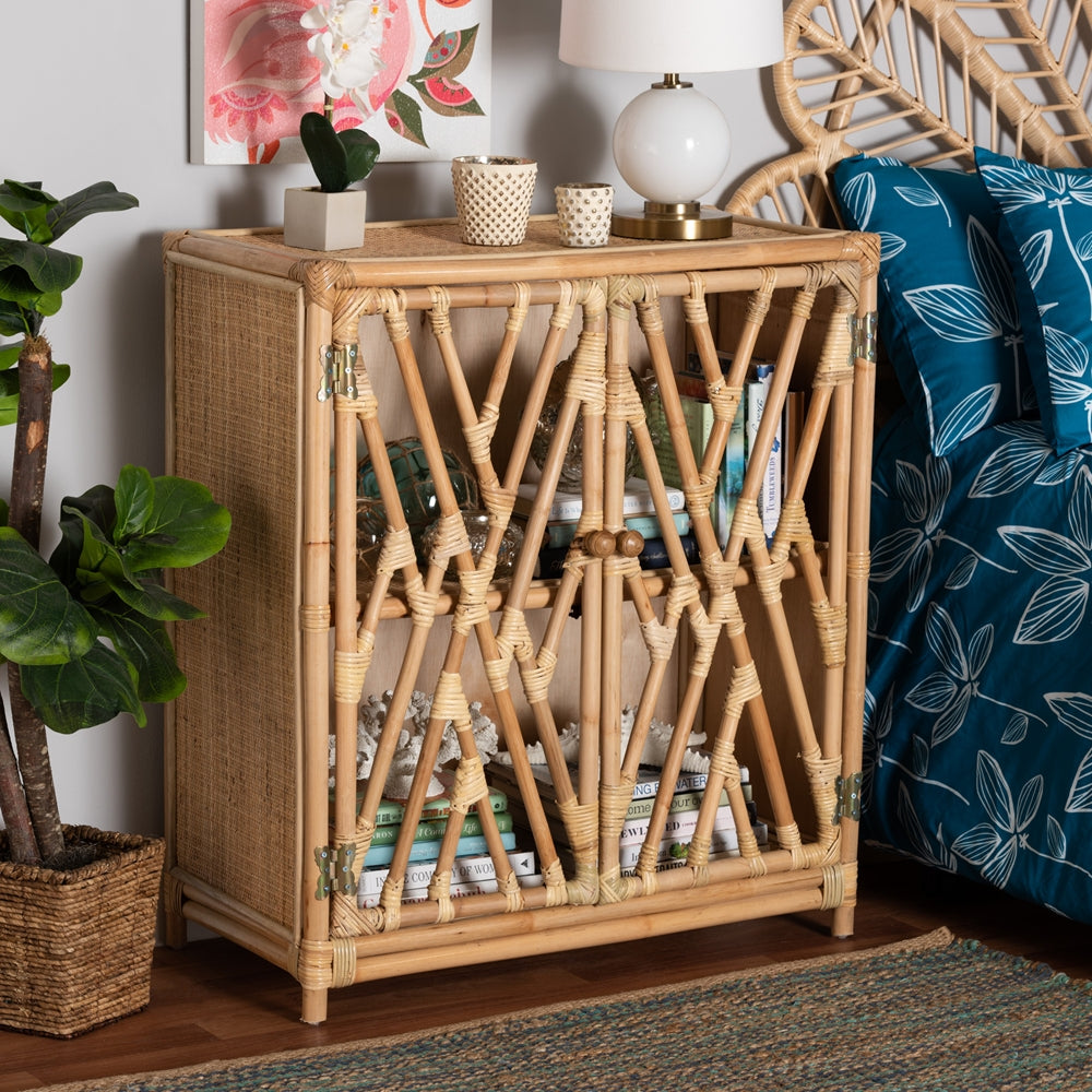 Modern Bohemian Natural Brown Rattan 2-Door Storage Cabinet