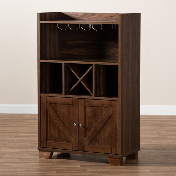 Wine Storage Cabinet Transitional Farmhouse Walnut Brown Finished Wood