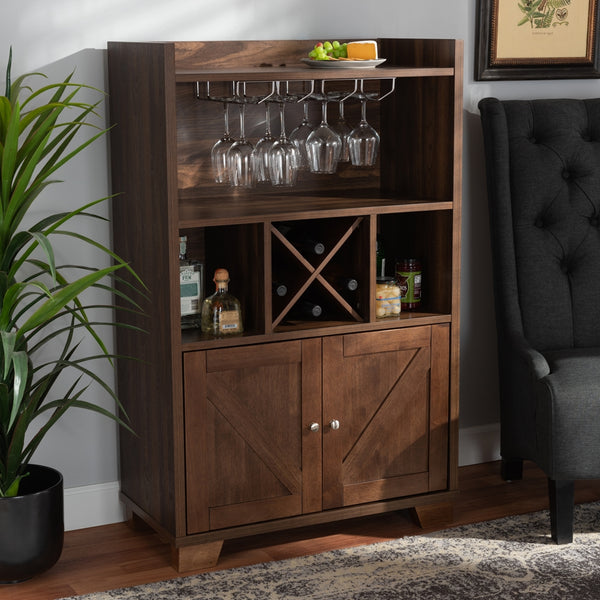 Wine Storage Cabinet Transitional Farmhouse Walnut Brown Finished Wood