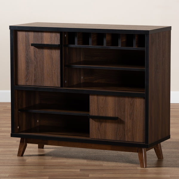 Wine Storage Cabinet Mid-Century Modern Two-Tone Walnut Brown and Black Finished Wood