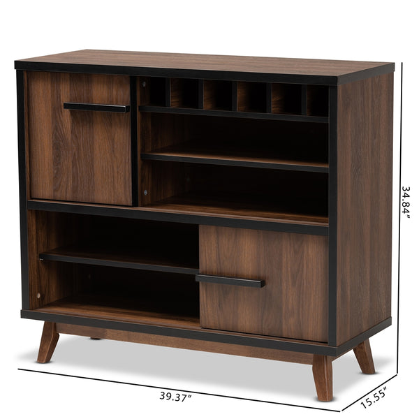 Wine Storage Cabinet Mid-Century Modern Two-Tone Walnut Brown and Black Finished Wood