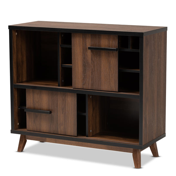 Wine Storage Cabinet Mid-Century Modern Two-Tone Walnut Brown and Black Finished Wood