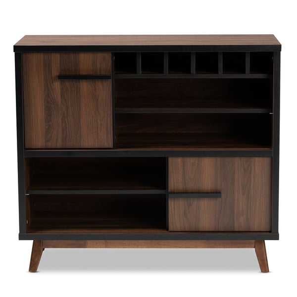 Wine Storage Cabinet Mid-Century Modern Two-Tone Walnut Brown and Black Finished Wood