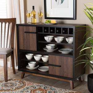 Wine Storage Cabinet Mid-Century Modern Two-Tone Walnut Brown and Black Finished Wood