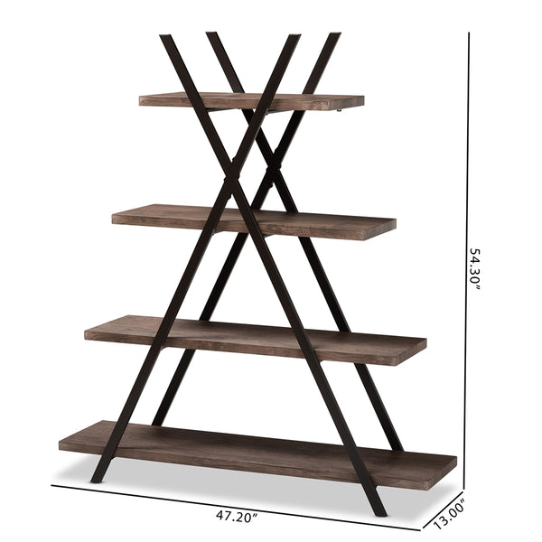 Industrial Rustic 4-Tier Living Room Display Shelf Walnut Finished Wood and Black Metal