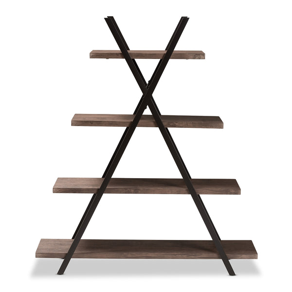 Industrial Rustic 4-Tier Living Room Display Shelf Walnut Finished Wood and Black Metal