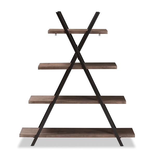 Industrial Rustic 4-Tier Living Room Display Shelf Walnut Finished Wood and Black Metal